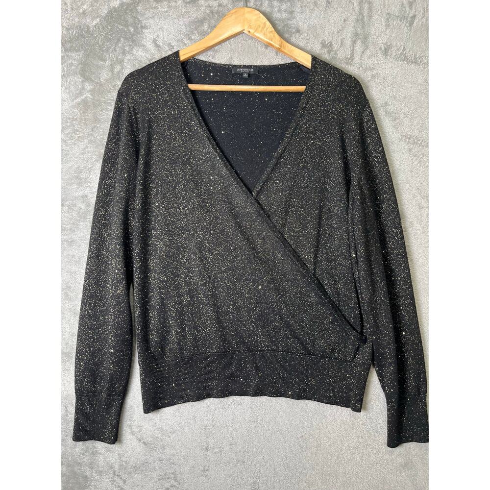 Lafayette 148 Black Shimmer Wrap Top‎ Metallic Knit Surplice V Neck Luxe Silk LG